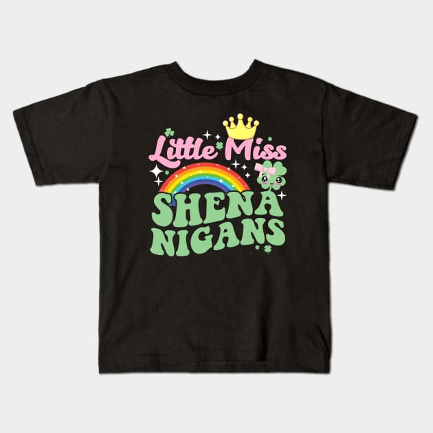 Little Miss Shenanigans St Patricks Day Cute Girl Clover Kids T-Shirt by artbooming